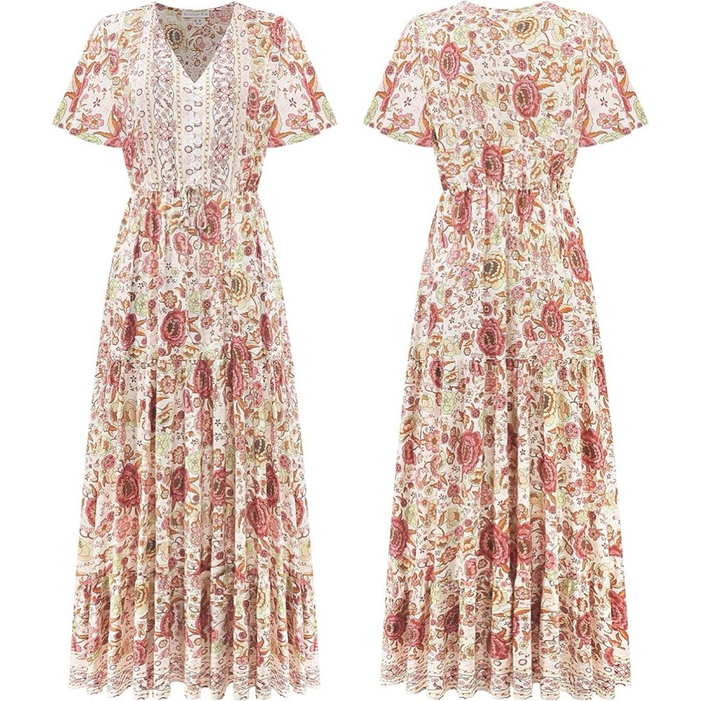 Vivimos Floral Maxi Dress L Prairie Flowy Relaxed Romantic Henley Elastic Waist